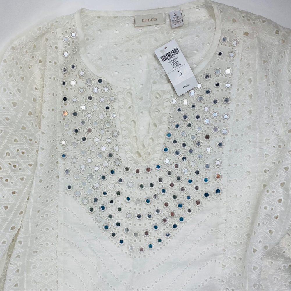 Chico's 3 Eyelet Deluxe Helen Top 3/4 Snow Cap